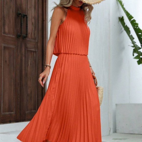 Orange Boho Womens Solid Pleated Halter Top & Skirt - Picture 1 of 5
